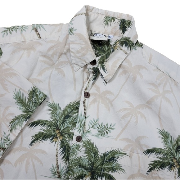 Go Barefoot Mens Medium Ivory All Over Floral Palm Tree Hawaiian Button Up - Picture 1 of 7